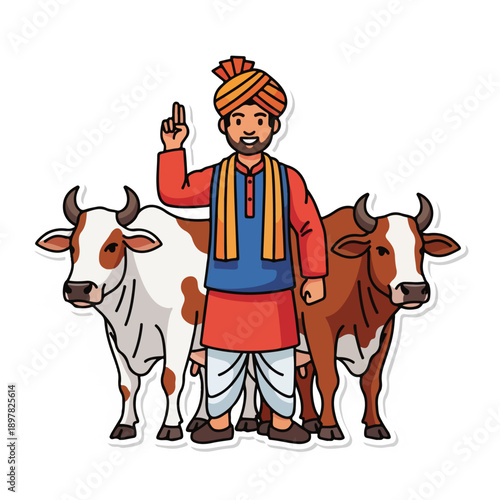 A man in traditional clothing with two cows
