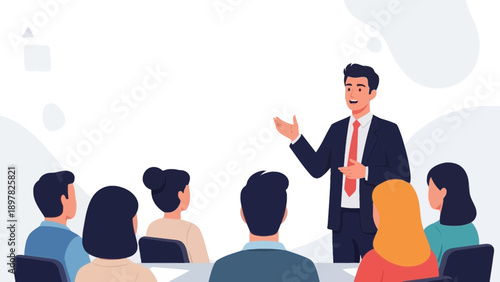 Business presentation: speaker addressing audience in meeting room, illustration