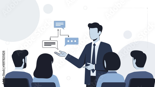 Business presentation with speaker and audience, abstract background