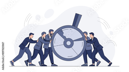 Teamwork pushing large dial for progress and success