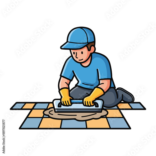 A man laying tiles on a blue and yellow checkerboard-patterned floor