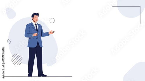 Businessman in a suit presenting with open hands, modern flat illustration