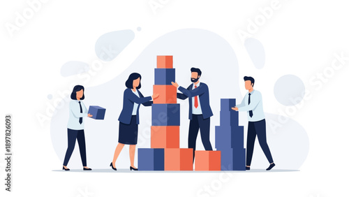 Teamwork Building Blocks Business Strategy Collaboration Concept Vector Illustration