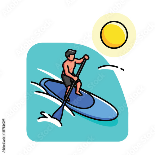 A man on a blue paddleboard in turquoise water