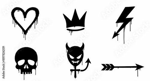 Set of six black dripping graffiti style icons including heart, crown, lightning, skull, devil, and arrow on white background.