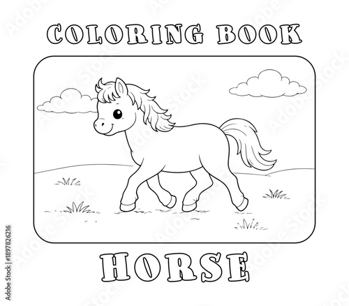 Cute Horse Coloring Book Page for Kids, Outline Drawing of a Pony in a Field