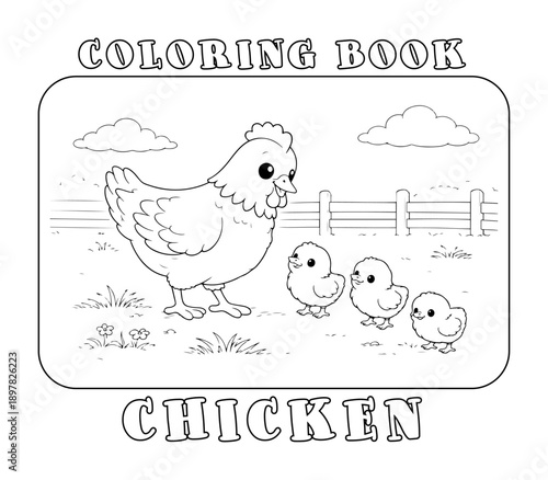 Cute Chicken Family Coloring Page Outline Farm Scene with Chicks and Mother Hen