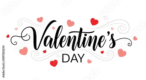 Valentine's day greeting with hearts and swirls on white background for love and romance