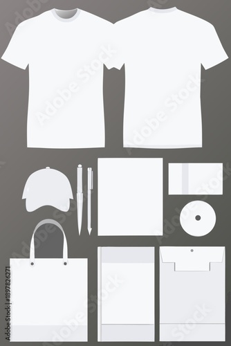 Blank white apparel and stationery mockup set against a dark background
