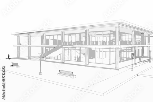 Wireframe rendering of a modern single story building with exterior stairs