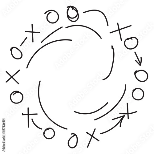 Hand-drawn football strategy game plan with Xs and Os, symbolizing teamwork and tactics on a textured background