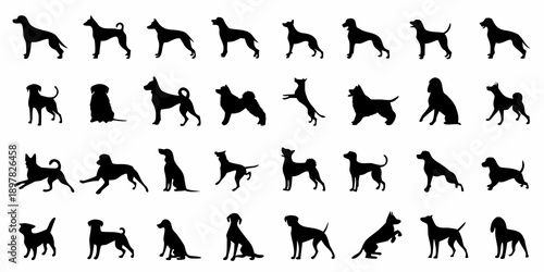 A collection of black silhouettes depicting various dog breeds and poses
