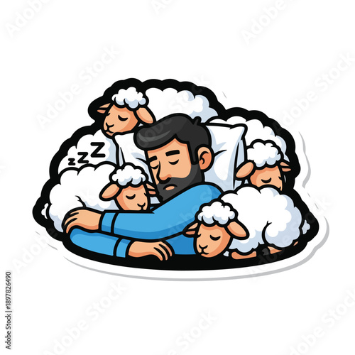 A man peacefully sleeps surrounded by sheep