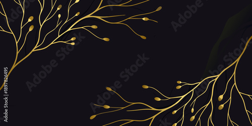 Elegant golden branches with budding flowers against a dark background