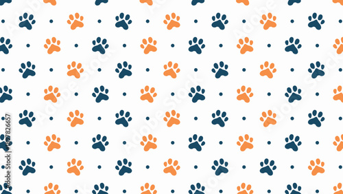 Seamless pattern with navy blue and orange paw prints on a white background. Colorful animal footprint vector for energetic pet branding, nursery wallpaper, and playful fabric textile design