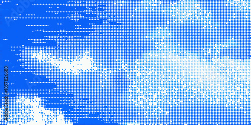 Abstract blue and white pixelated image resembling clouds or snow