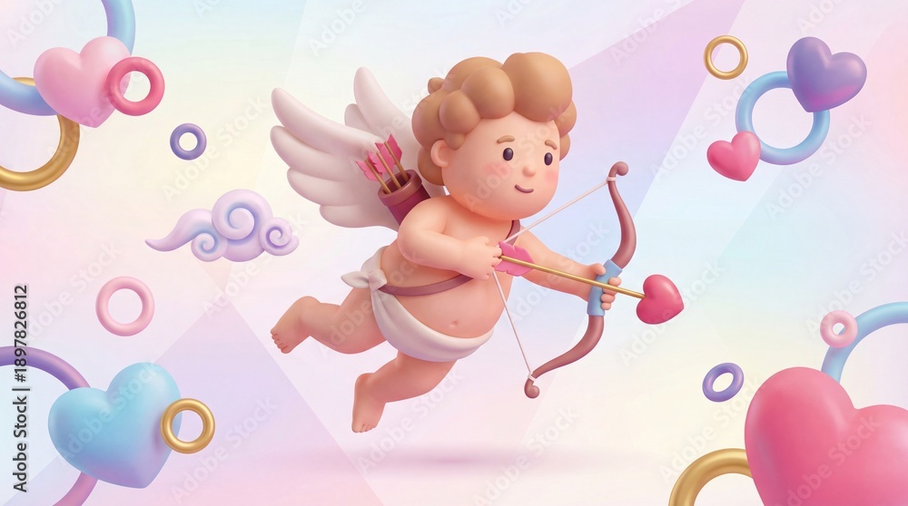 Fototapeta premium Love's Messenger: A cherubic Cupid, arrow poised, floats amidst a whimsical tableau of hearts and pastel hues. Evoking a sense of tenderness and the magic of affection.