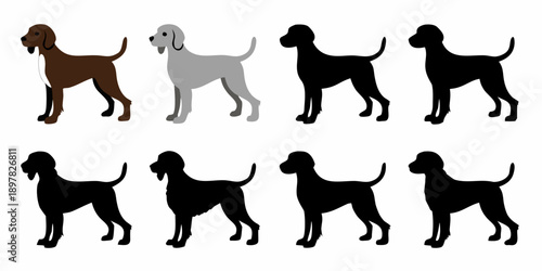 Four variations of a pointing breed dog silhouette in different colors