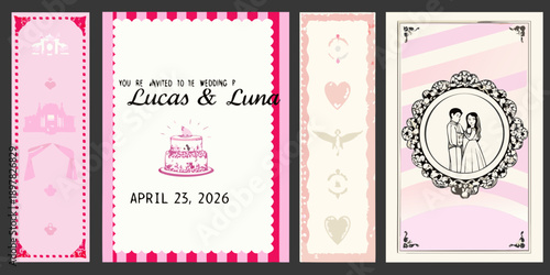 Four wedding invitation designs with pink and ornate details