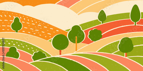 Stylized landscape illustration with rolling hills trees and a sunset