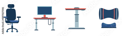 Explore essential ergonomic office furniture and accessories designed for a comfortable and productive workspace, ideal for corporate health campaigns, product catalogs, and workplace