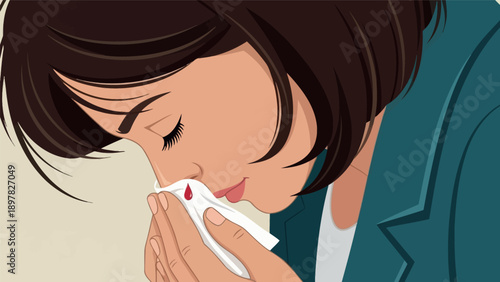 A young woman with brown hair gently holds a white tissue to her nose, where a single drop of blood indicates a nosebleed, perfect for healthcare educational content or first aid guides.