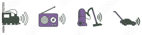 Various sound sources including a train, radio, vacuum cleaner, and lawnmower are depicted with graphic sound waves, perfect for educational content or sound level warning indicators.