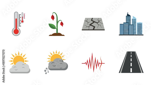 A set of clear visual icons representing critical environmental conditions, natural disaster indicators, urban development, and weather forecasts for public information and ecological