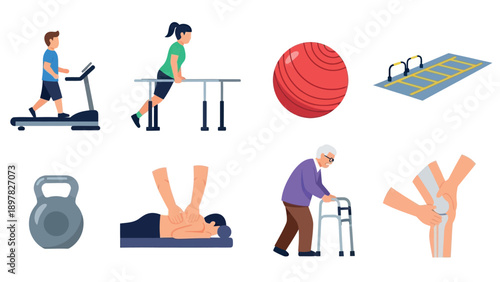 Comprehensive collection of physical therapy and rehabilitation icons showing various exercises, equipment, and care for health recovery and active living programs