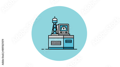 Modern telecommunication system with an antenna tower and monitoring equipment console featuring a dial display, perfect for technology infographics and digital service presentations