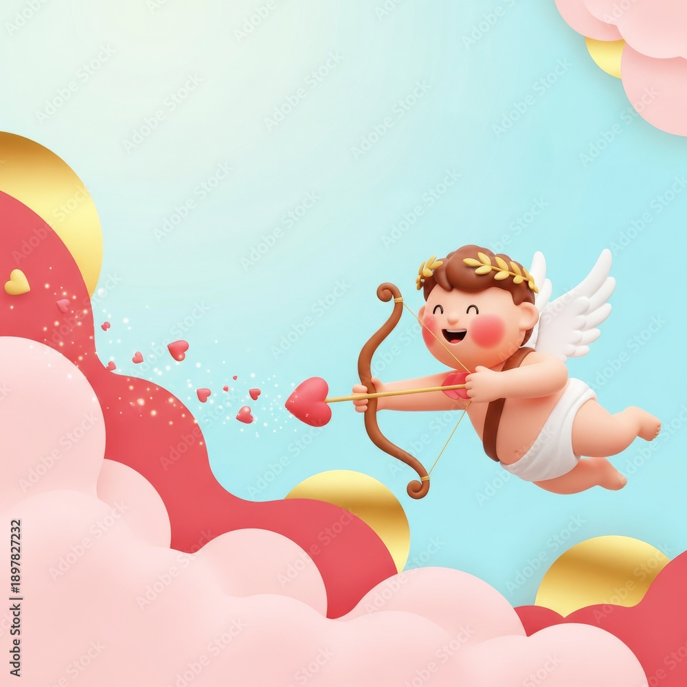 Fototapeta premium Sweetheart's Arrow: A charming illustration of Cupid, the cherubic embodiment of love, fires an arrow toward a romantic backdrop. This scene encapsulates the essence of affection and fondness.