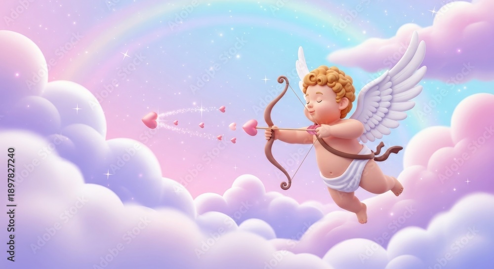 Obraz premium Cherubic Cupid's Aim: A whimsical cherub with delicate wings and a charming bow, shooting heart-shaped arrows amidst fluffy clouds and a rainbow, representing the magic of love and affection.