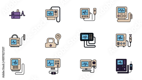 Collection of colorful vital signs monitor icons depicting various medical diagnostic equipment with heart rate waveforms for healthcare applications and digital health interfaces