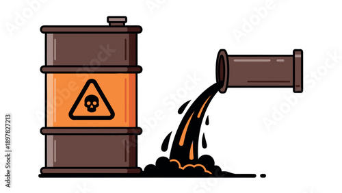 Brown barrel with skull warning symbol and pipe spilling harmful dark substance, suitable for environmental protection campaigns and danger alerts