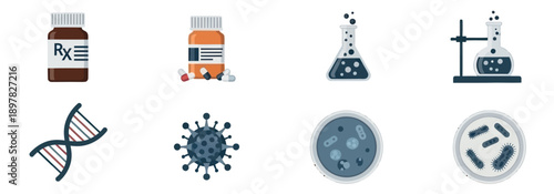 A collection of essential scientific and medical icons representing pharmaceutical products, laboratory experiments, genetic research, and microscopic organisms for healthcare and