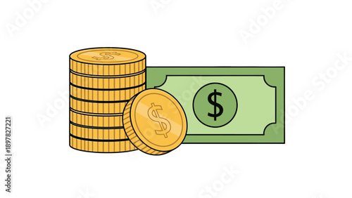 Financial assets with golden dollar coins and a green banknote representing investment savings and currency exchange for banking marketing materials and economic concepts.