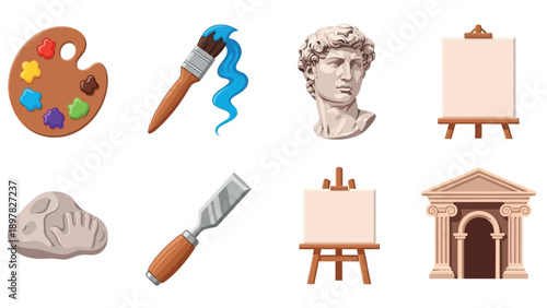 A comprehensive collection of painting and sculpting equipment and classical art references like a statue bust and ancient architecture, ideal for educational content and creative project