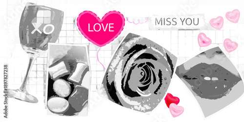 Romantic collage featuring hearts kisses wine and loving messages