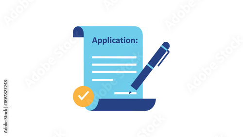 Official application document with a pen and a checkmark symbolizing successful completion and submission of forms, agreements, or paperwork for business, educational, or personal