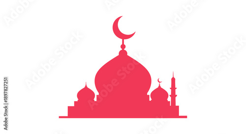 Pink mosque silhouette with crescent moon symbols for ramadan kareem and islamic religious celebrations vector illustration isolated on white background for clean minimalist design
