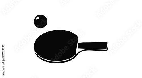 A minimalist black and white graphic depicts a ping pong paddle and ball conveying the essence of the sport