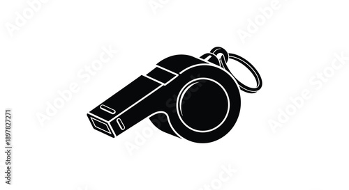 A stark black and white illustration depicts a classic sports whistle featuring a circular mouthpiece and lanyard loop high quality