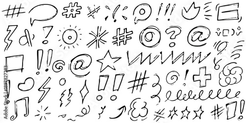 Abstract arrangement of white symbols and characters on a black background