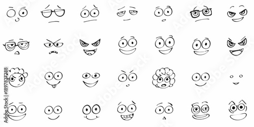 Collection of diverse cartoon faces expressing various emotions and expressions