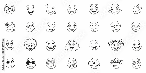 Collection of diverse hand drawn smiley faces and cartoon expressions