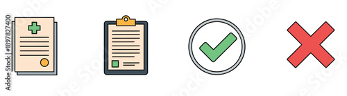 Collection of essential business and healthcare status icons including a medical report document, a task clipboard, a green checkmark symbol, and a red cross mark perfect for digital