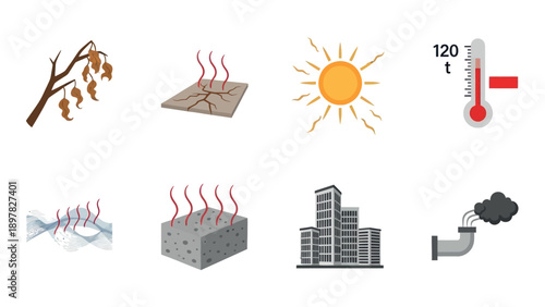 A collection of environmental climate change icons showing the impacts of global warming, heat, and pollution, suitable for presentations and educational materials