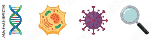 Biological research and discovery concept featuring DNA strands, microscopic cell structures, viral particles, and a magnifying tool for scientific study and educational content