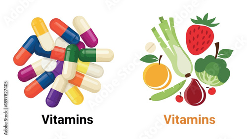 Comparing vitamin supplements and natural food sources for a healthy lifestyle, showcasing vibrant fruits, vegetables, and multicolored pills for healthcare brochures and educational