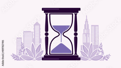 Elegant hourglass representing the passage of time and efficiency amidst a modern urban landscape, perfect for corporate presentations, financial reports, or conceptual business graphics.
